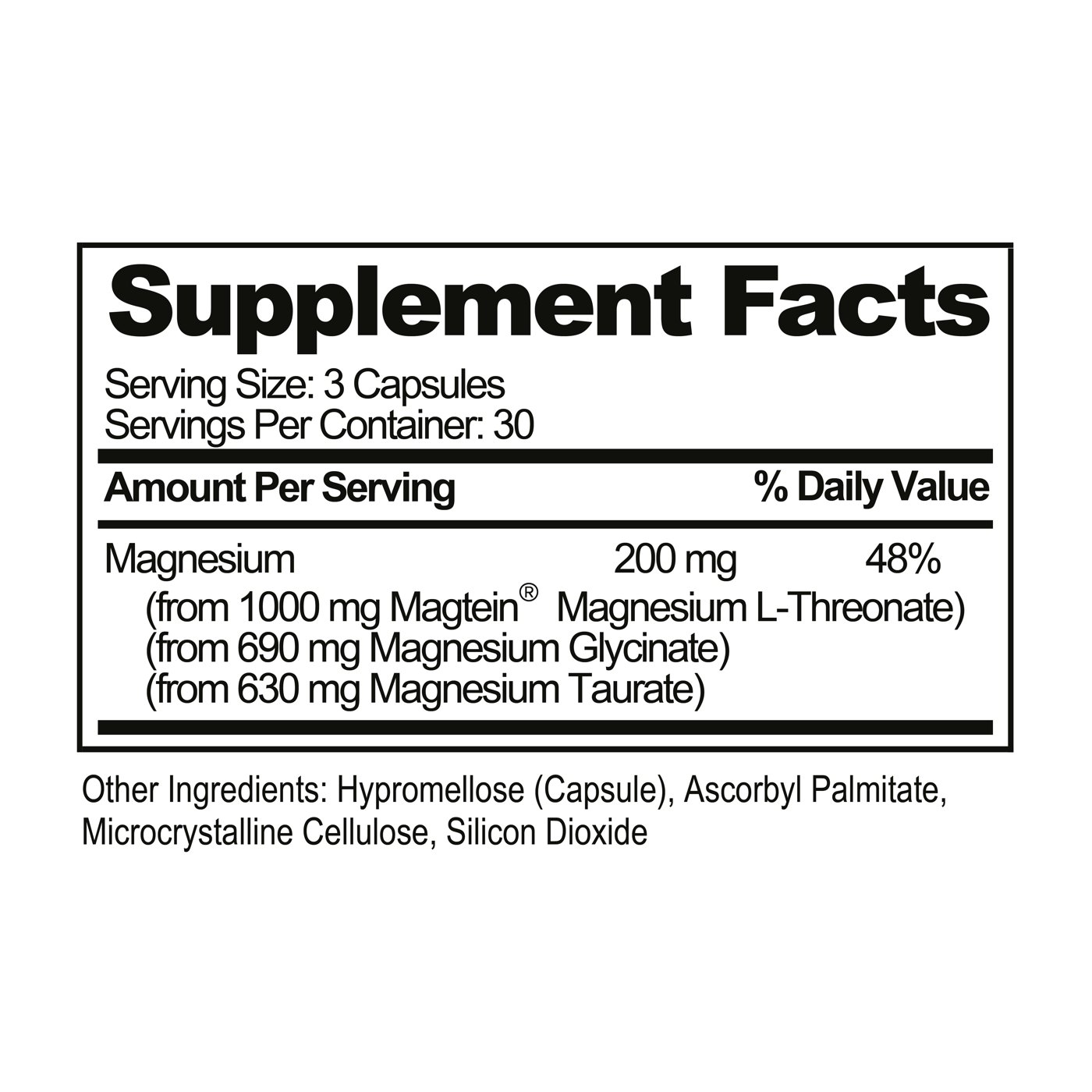 MagTech supplement facts: Magnesium 200mg, 48% DV, from 1000mg Magtein magnesium L-threonate, 690mg magnesium glycinate, 630mg magnesium taurate