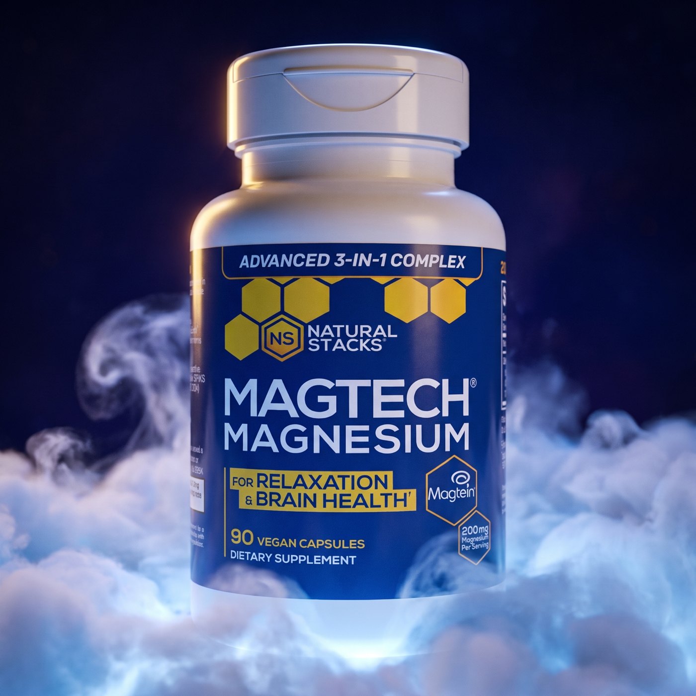 MagTech Magnesium bottle resting on a bed of cloud