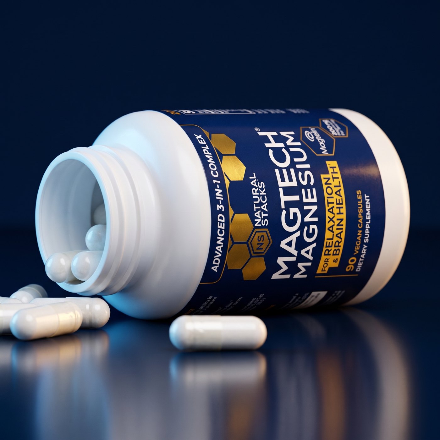 MagTech bottle on its side with vegetarian capsules spilling out